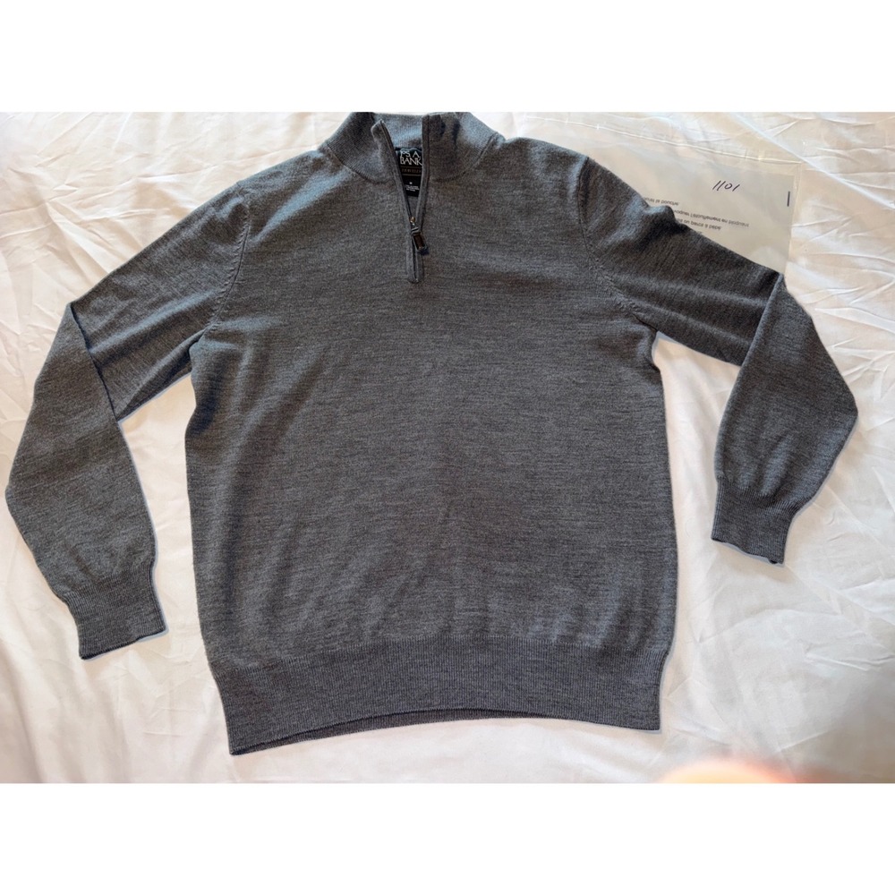 Jos. A. Bank Traveler Sweater Mens Medium Gray 100% Merino Wool Quarter Zip Knit
